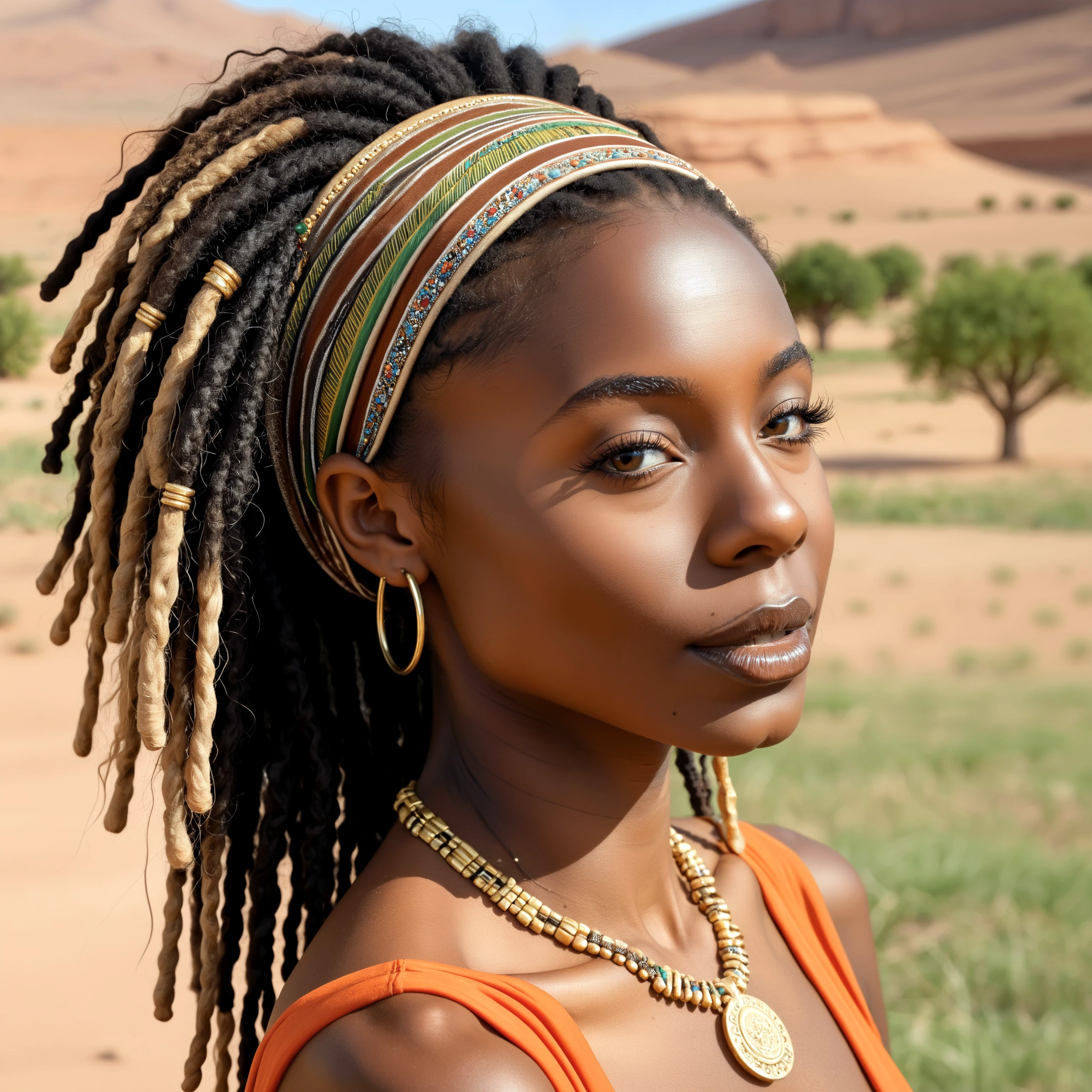 a beautiful mature woman, very dark skin, (puffy lips:1.1), (dark brown lipstick:1.1), long dreadlocks hair, big hair, (beauty marks:0.9), skin details, long eyelashes, hair ornaments,

h41rb4nd, wide-hairband, (african color hairband:1.1), torque necklace, large hoop erarrings,

detailed face, detailed eyes, details, (slightly smile:0.6),

outdoor, savannah, hills, desert, grass,

from slightly side, 