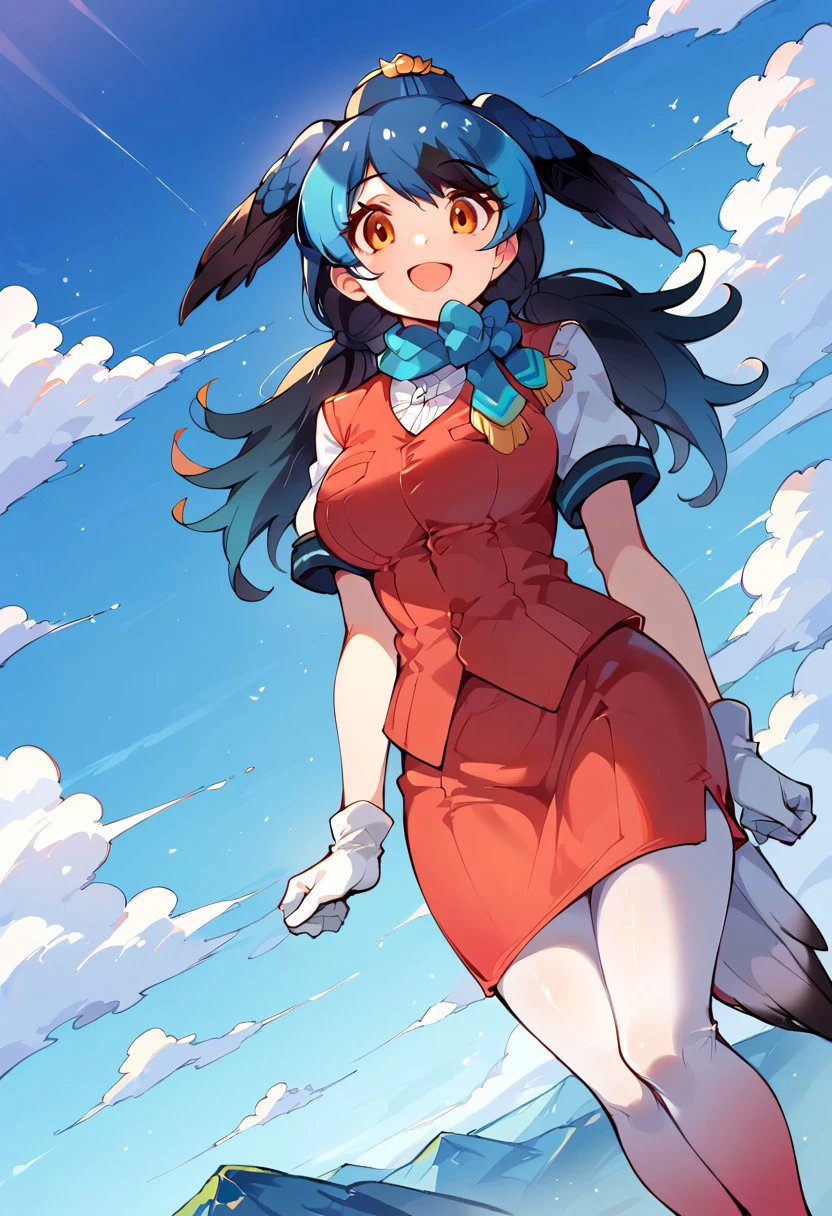 1girl, ((solo)), best quality, ultra-detailed, extremely detailed, perfect anatomy, masterpiece, score_9, score_8_up, score_7_up, Expressiveh, passenger pigeon (kemono friends), multicolored hair, blue hair, black hair, head wings, bird tail, bangs, orange eyes, long hair, twintails, red vest, white shirt, short sleeves, white gloves, red skirt, gradient skirt, hat, garrison cap, gradient legwear, pantyhose, scarf, pencil skirt, blue bowtie, black heels, standing, smiling, happy, staring at viewer, blue skies background, clouds, open mouth smile, dutch angle, closeup,