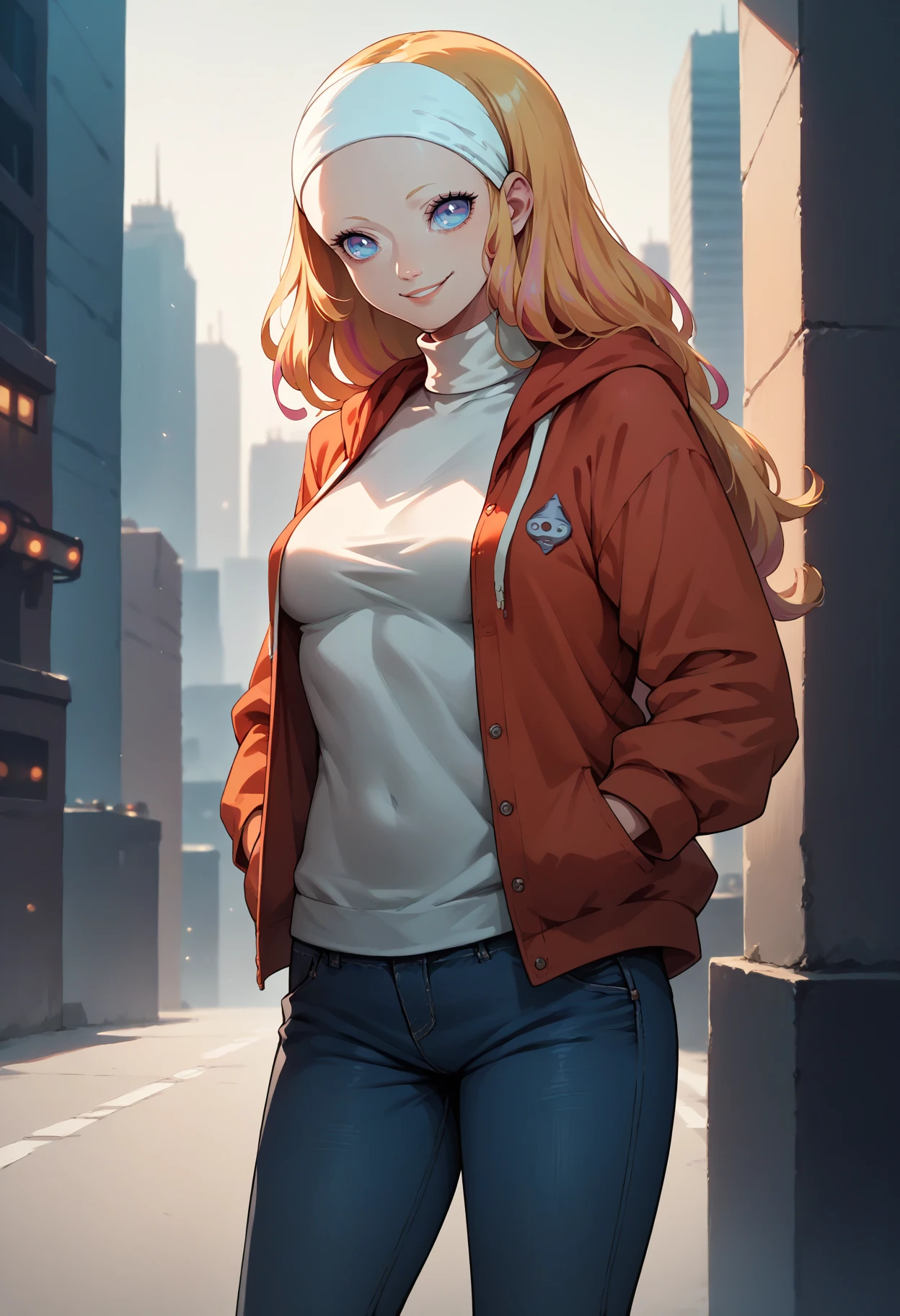 score_9, score_8_up, score_7_up, 1girl, looking at viewer, smile, hands in pockets, <lora:JunahMR-pdxl:1> junahMR, long hair, streaked hair, white headband, medium breasts, hoodie, open clothes, turtleneck, jeans, cityscape