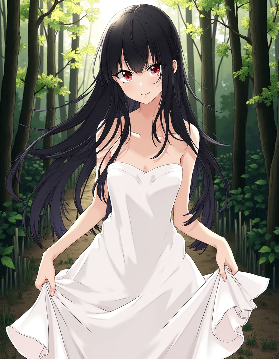 osanai0804style,
one long black hair girl has red eyes and oval face, she is wearing a strapless white dress, walking in forest, she is laughing and looking at viewer, she is lifting the dress, 
the latest anime style, the newest anime art style, super high resolution, extremely detailed clothing and skin, uncensored,anatomically correct,best perspective, fashion, super detailed fabric, fine fabric emphasis, realistic hair, 3D texture, natural light, light rays, ray tracing,Anime style, extremely detailed environment   <lora:osanai0804style:1>