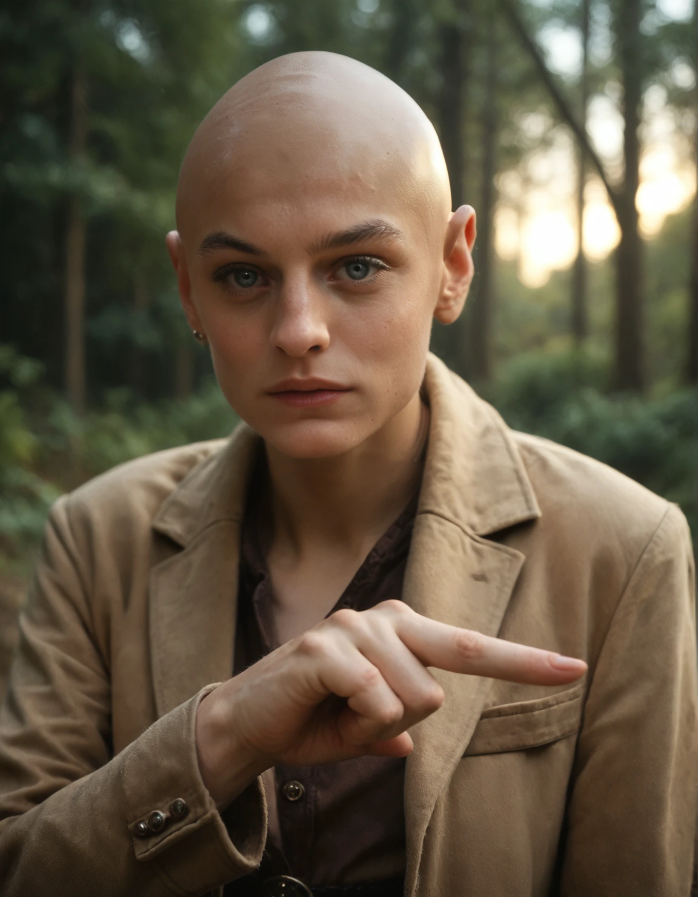 score_9, score_8_up, score_7_up,score_6_up,high resolution,photo,realistic,emcr,1girl,bald,brown coat,forest,front view,close-up,pov,looking at viewer,pointing hands,volumetric lighting,rim lighting,dof,dramatic shadow,dimly lit,dark,gloomy