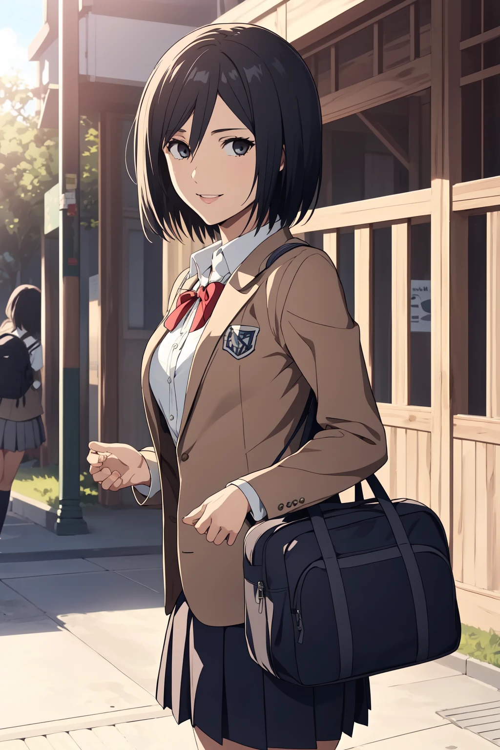 (RAW photo, best quality), 1girl,  natural lighting, outdoor, light smile,
 <lora:aot_mikasa_young_v1_2:0.75> aot_mikasa, school uniform, blazer, ribbon, schoolbag,