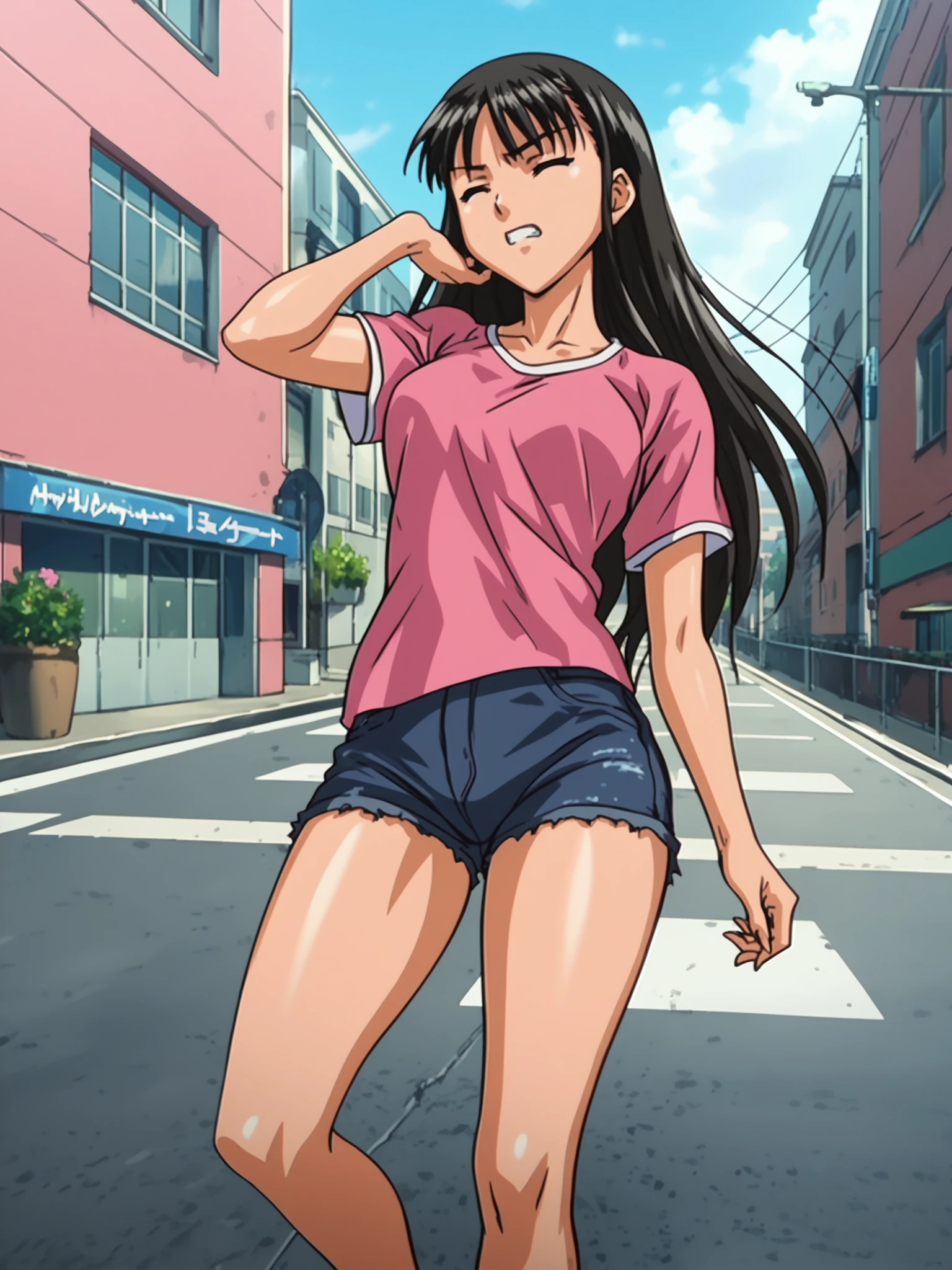 <lora:happy_tentacle-asa-v0.3:1>, ht_asa, pink shirt, denim shorts, short shorts, outdoors, city , 1girl, solo, full body, thighs, legs , , ( wince , grin :1.1), looking down , score_9, score_8_up, score_7_up, score_6_up, score_5_up, score_4_up