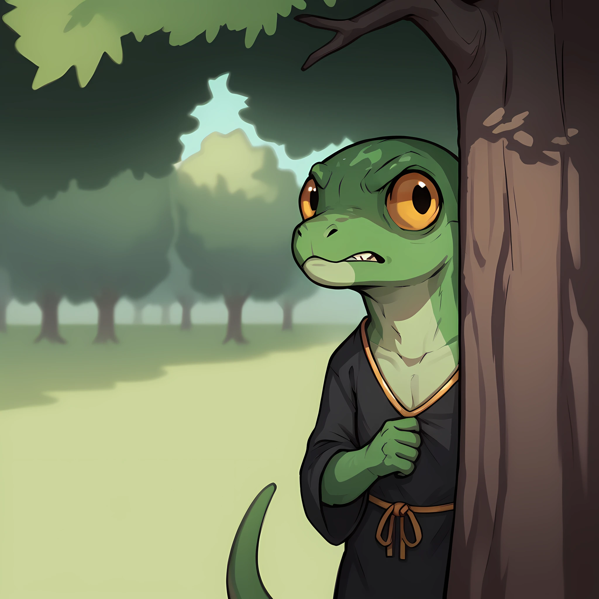 score_9, score_8_up, score_7_up, source_furry, solo, <lora:prikkiki-ti:0.8>, prikkikiti, green skin, nostrils, lizard tail, black kimono, loose clothes, reptile, <lora:PeekingOut_pdxl_Incrs_v1:1>, tree, peeking out, upper body, hiding behind tree, shaded face, smie, angry