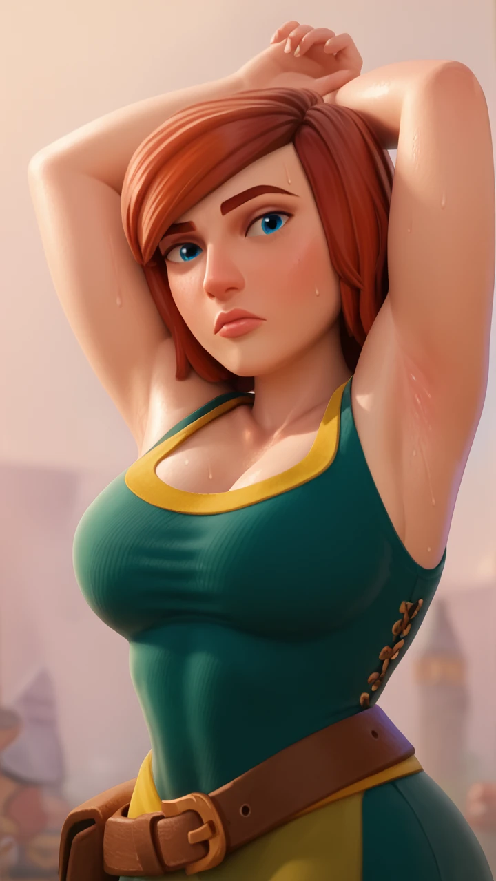 score_9_up, score_8_up, score_7_up, 1girl, villager_coc, blue eyes, standing, arms up, armpit crease, large breasts, armpit focus, sweat, vapors, sleevesless<lora:EMS-462395-EMS:1.000000>