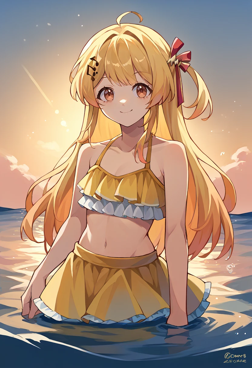 score_9, score_8_up, source_anime, 1girl, solo, OtonoseKanade, long hair, one side up, hair ribbon, musical note hair ornament, yellow bikini, frilled bikini, bikini skirt, ocean, sunset, wading, smile, warm lighting, backlighting, <lora:ChamOtonoseKanadePonyXL:1>