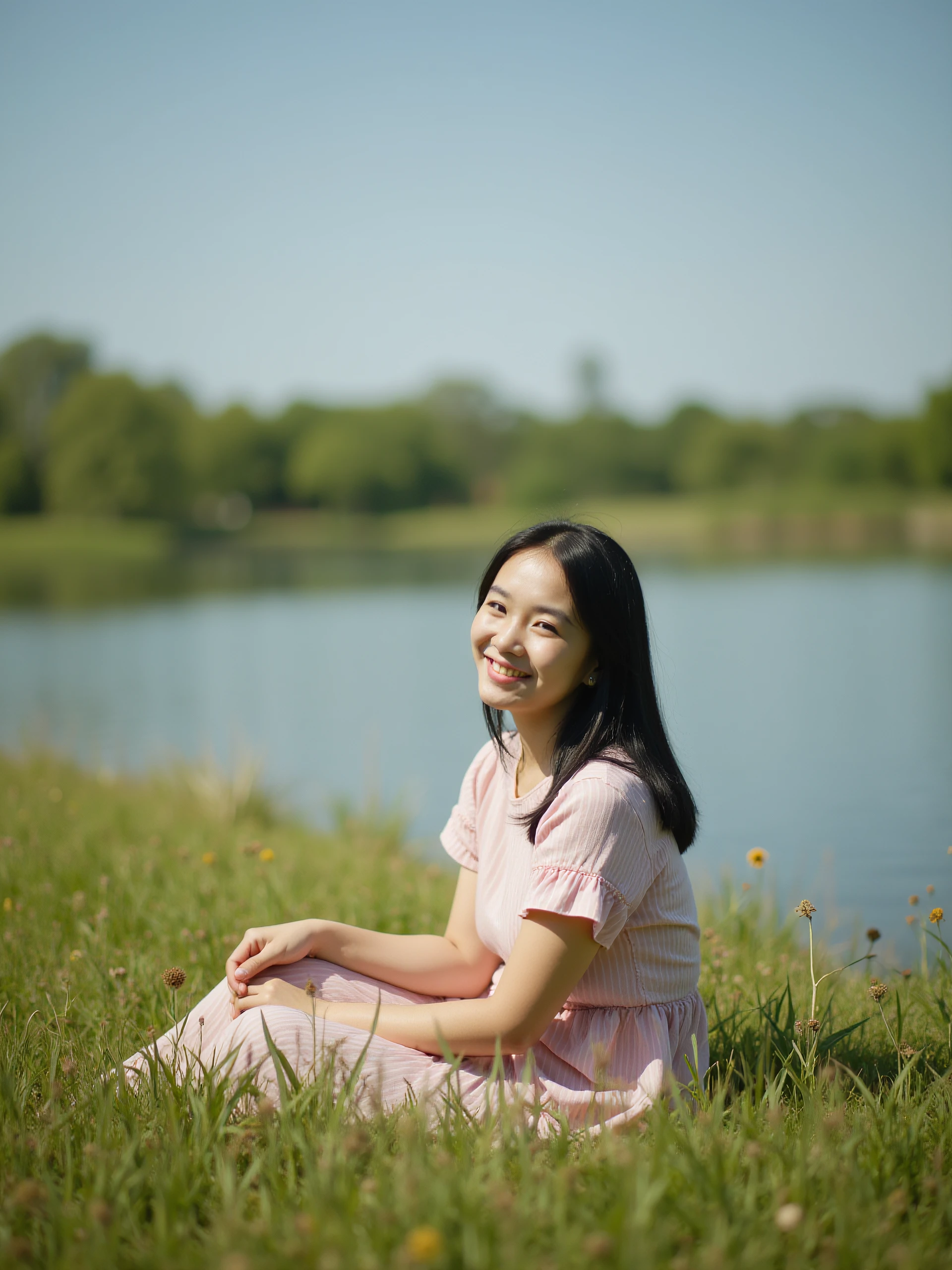 pretty girl sitting in the grass next to a lake