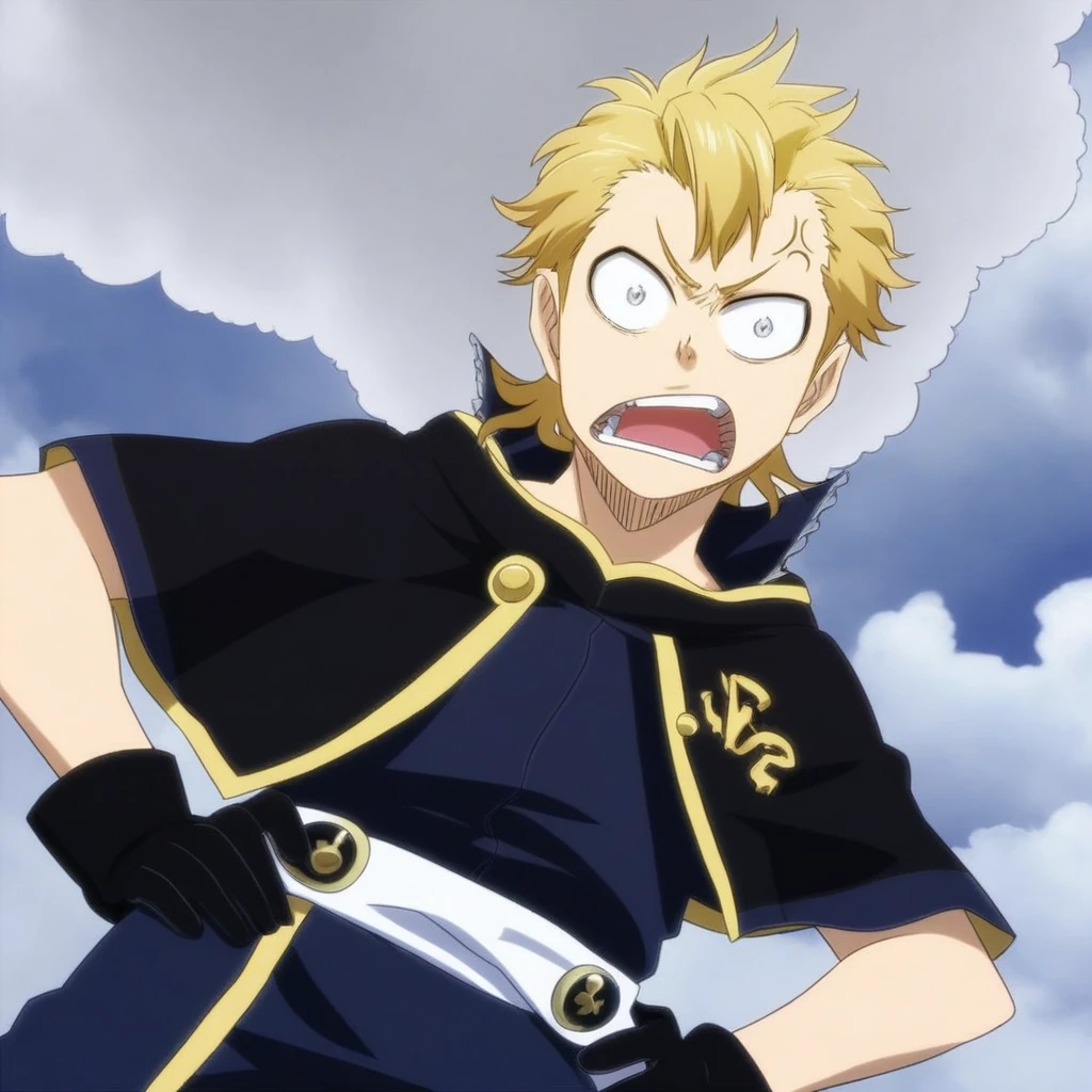 wide-eyed, looking at viewer, boots, blonde hair, 1boy, gloves, cloud, open mouth, angry, hand on hip