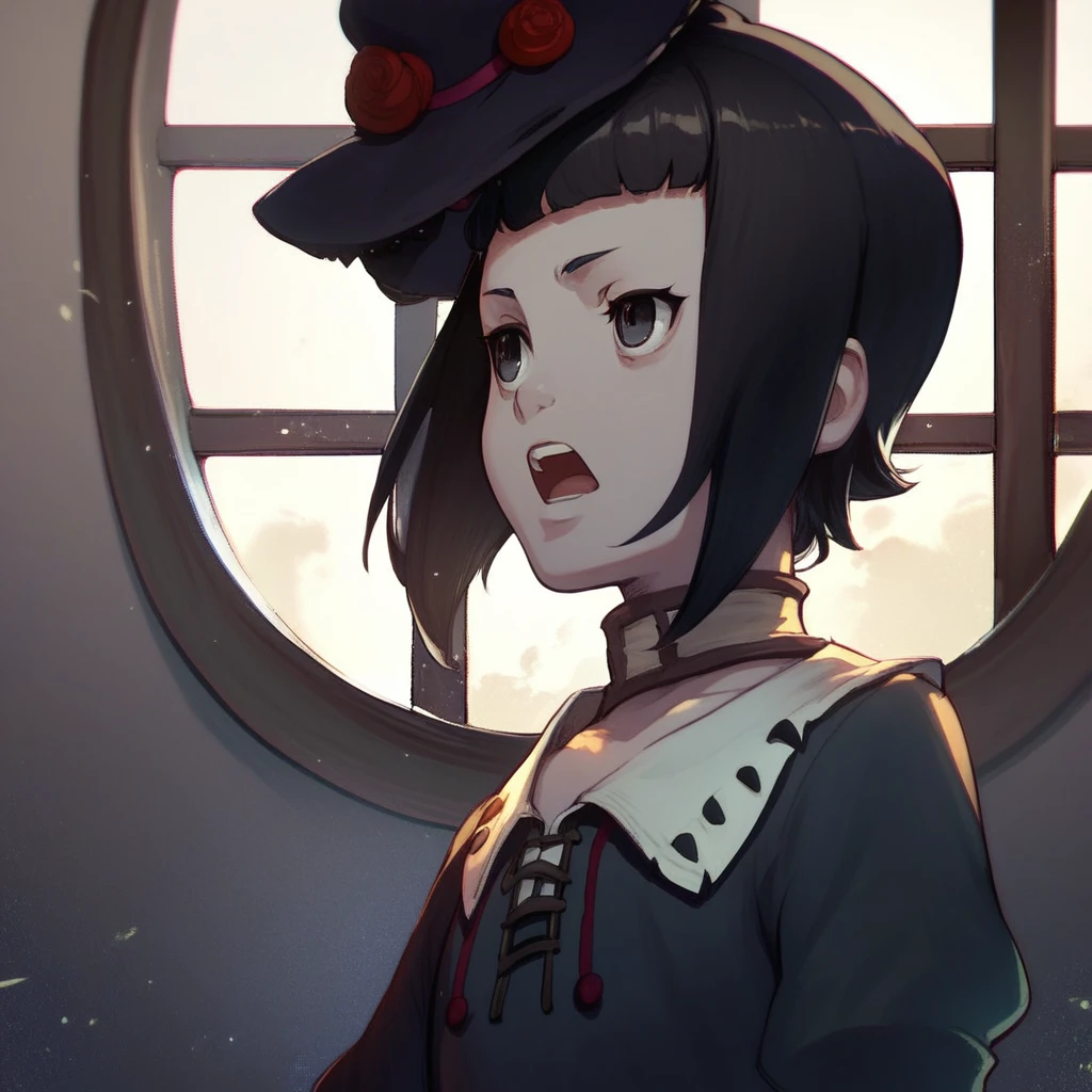 score_9, score_8_up, score_7_up, rita, shingeki no bahamut genesis, 1girl, solo, short hair, window, black hair, choker, dress, hat, upper body, black eyes, open mouth