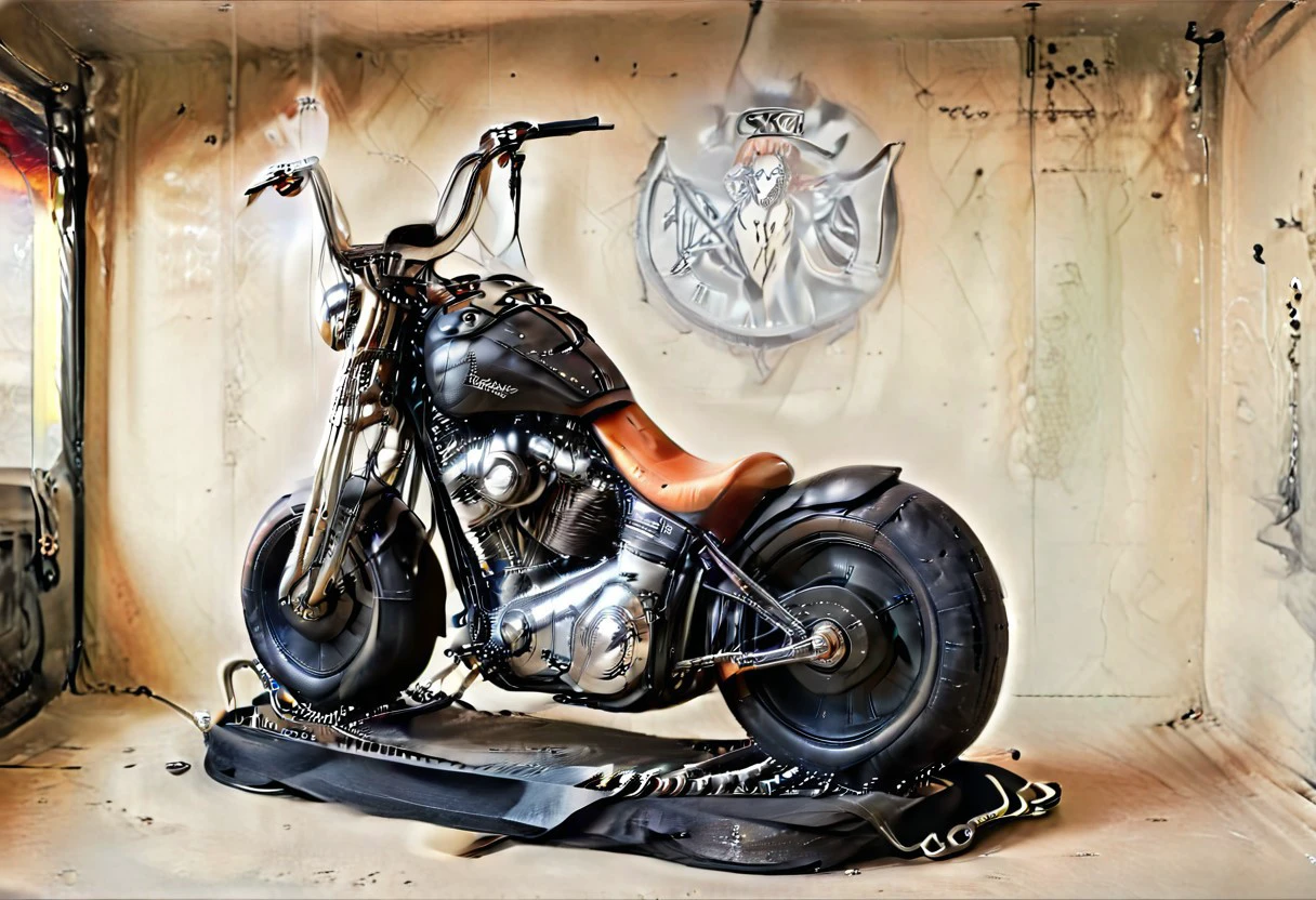 Ultra realistic with high quality and ultra details with excellent focus and contrast, photorealistic image style, ultra realism, high resolution of 1 object rocker bike, mystical and fantastic style, in leather and chains attached to it, engravings with elements characteristic of rock metal style music,((outlined with elements of metal style music))