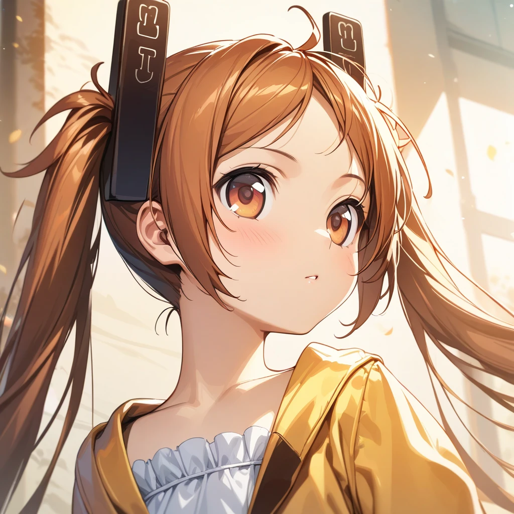 aihara_enju, brown hair, brown eyes, black hair clip, twin tails, long hair, flat chested, white dress, orange jacket, portrait, close up, <lora:XL-AiharaEnju:1>, (masterpiece),(best quality),(ultra-detailed),(best illustration),(best shadow),(absurdres),(detailed background),(very aesthetic),