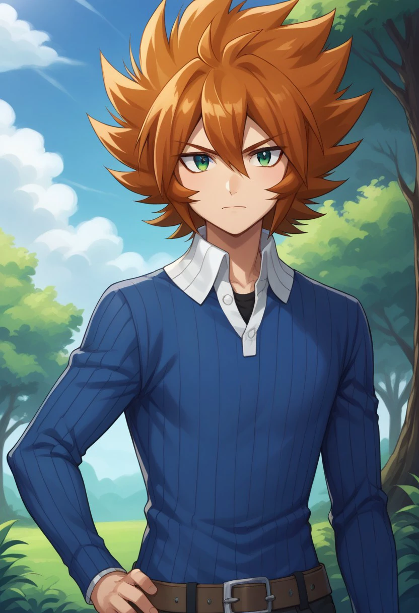 score_9, score_8_up, score_7_up, source_anime, highly detailed, 
shiren, solo, 1boy, male focus, green eyes, hand on hip, orange hair, looking at viewer,
shirt, long sleeves, closed mouth, upper body, spiked hair, belt, sweater, high collar, blue sweater,
outdoor, sky, tree