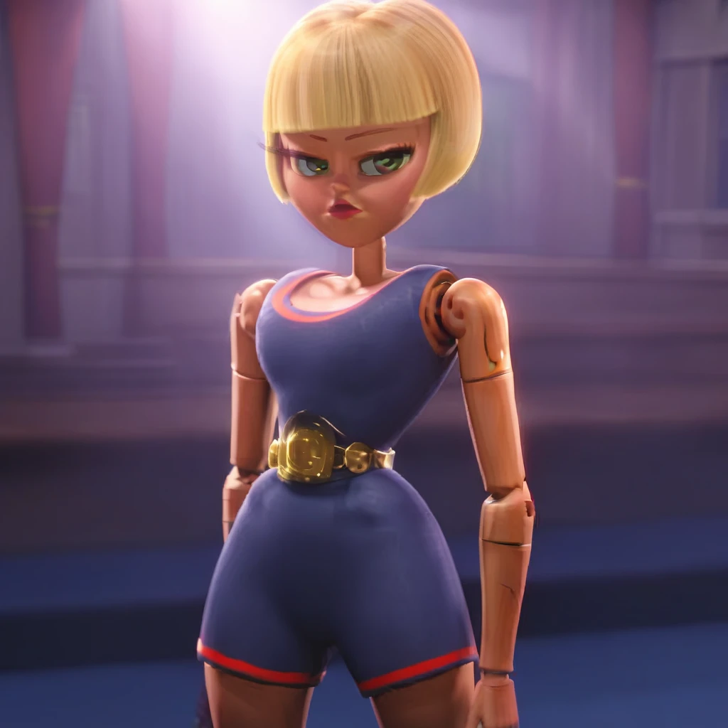 score_9_up, BREAK, Irene, 1girl, solo, blonde hair, short hair, blunt bangs, bob cut, green eyes, joints, romper, cowboy shot, arms at sides,  <lora:Irene_SherlockGnomes_PXL_Leaf1:1>, 3d,