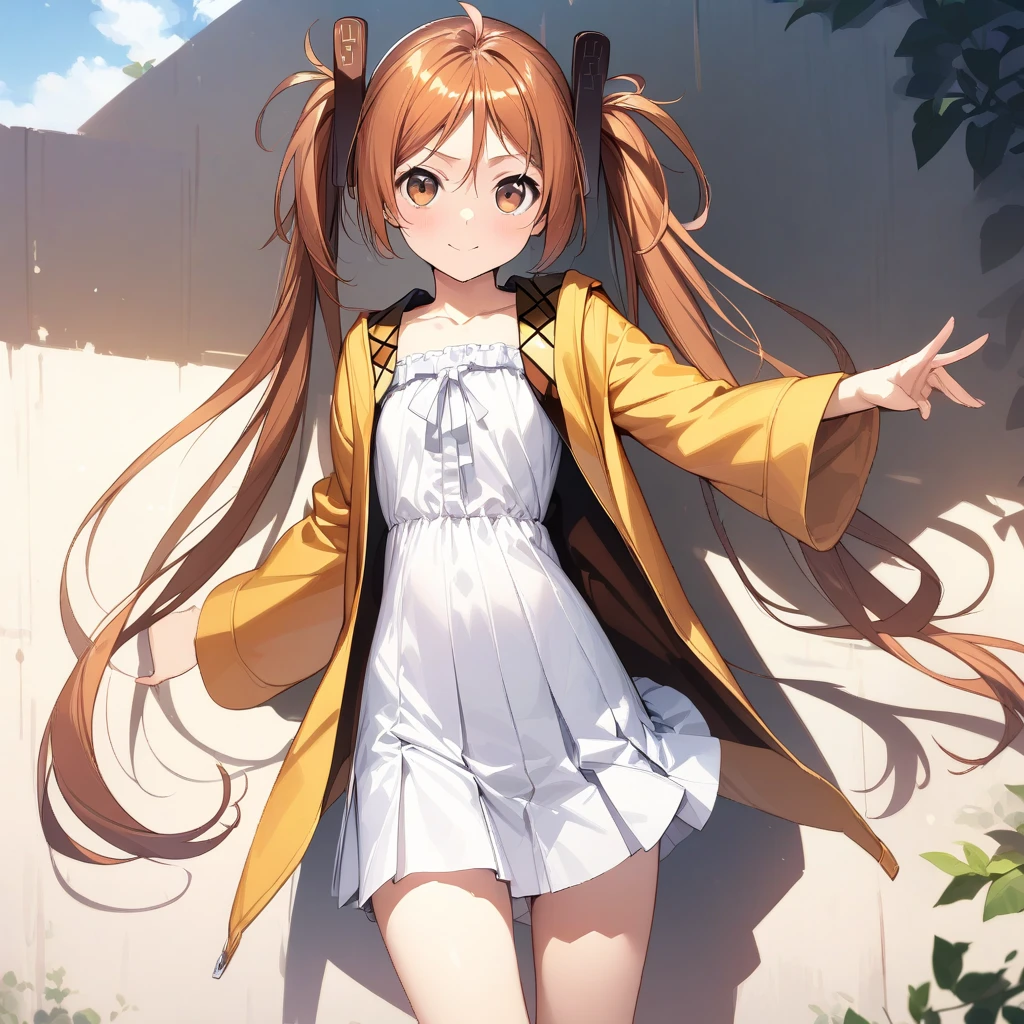 aihara_enju, brown hair, brown eyes, black hair clip, twin tails, long hair, flat chested, white dress, orange jacket, white pleated skirt, cowboy shot, <lora:XL-AiharaEnju:1>, (masterpiece),(best quality),(ultra-detailed),(best illustration),(best shadow),(absurdres),(detailed background),(very aesthetic),