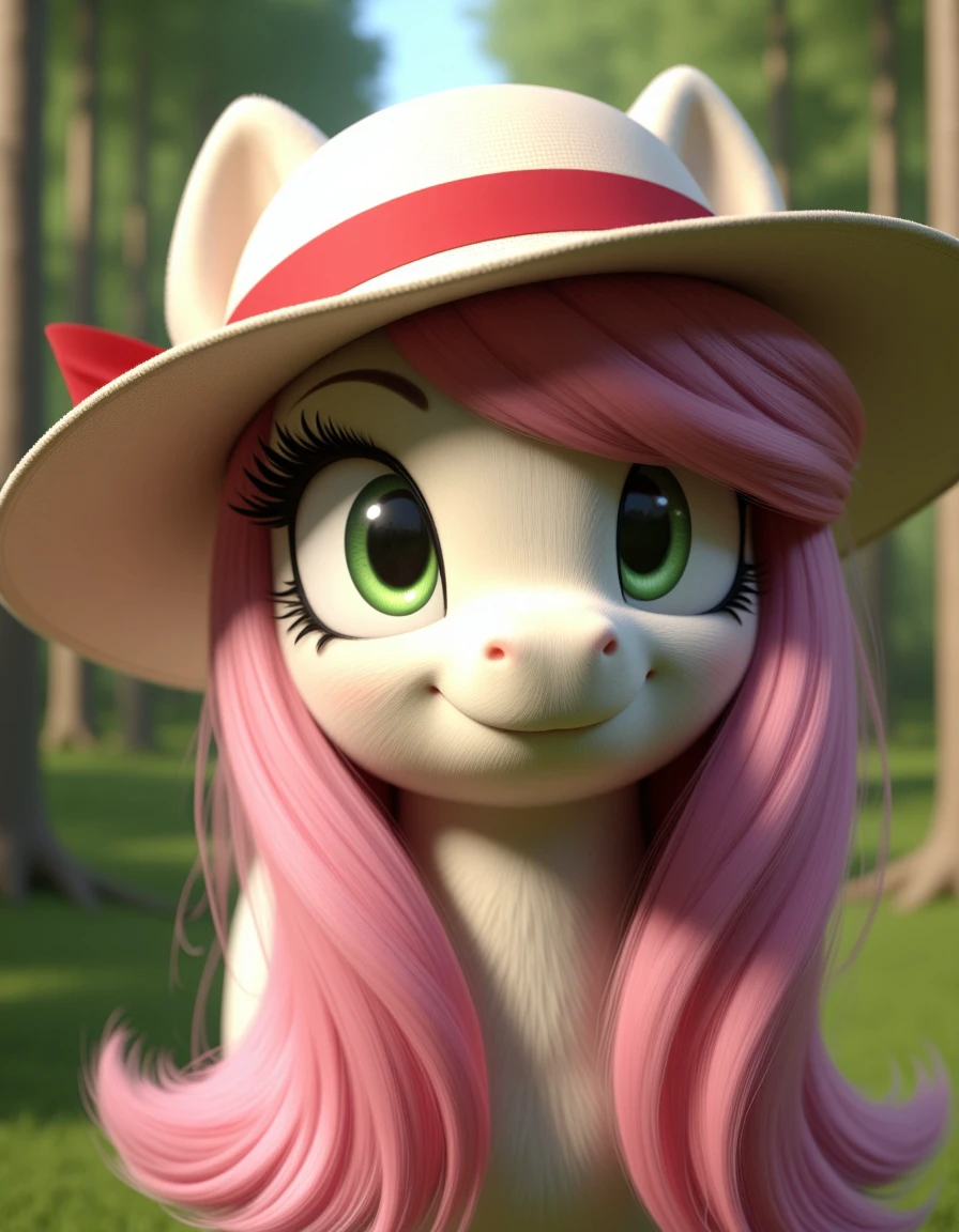 very detailed CGI render of a pony from my little pony friendship is magic, she wears a white sun hat, with a red ribbon tied to the brim pink mane and green eyes, in a forest, detailed fur, by bing3d<lora:bing3d-flux-run5-e1:1>