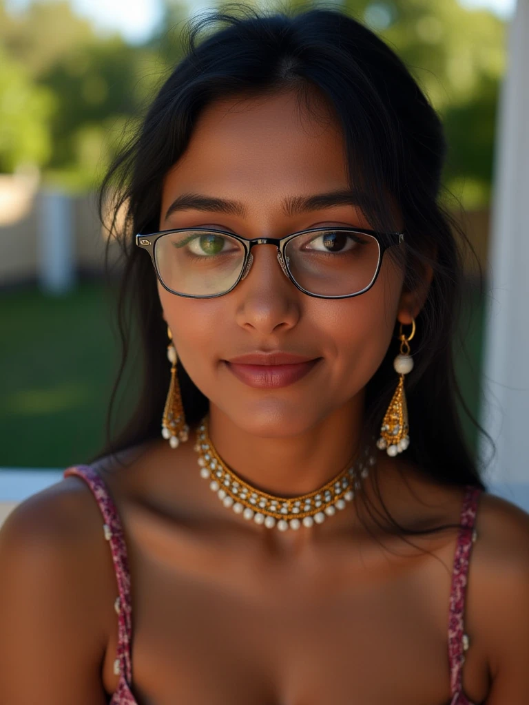 (masterpiece:1.5), intricately detailed, uhd, absurd resolution, 16k, perfect lighting, RAW photo, sharp focus, photorealistic Realism 8K, 16K, Quality, professional-grade photograph, best, high quality real texture skin, best, high quality real texture hair, beautiful Indian girl wearing glasses, detailed facial features, long eyelashes, porcelain skin, delicate facial expression, elegant hairstyle, intricate jewelry, detailed clothing, atmospheric lighting, dramatic lighting, cinematic composition, focus, digital painting, highly detailed,masterpiece,4k,photorealistic, extremely detailed surroundings, Outdoors, on a balcony, watching beautiful natural surroundings, flowers, (head to waist portrait}