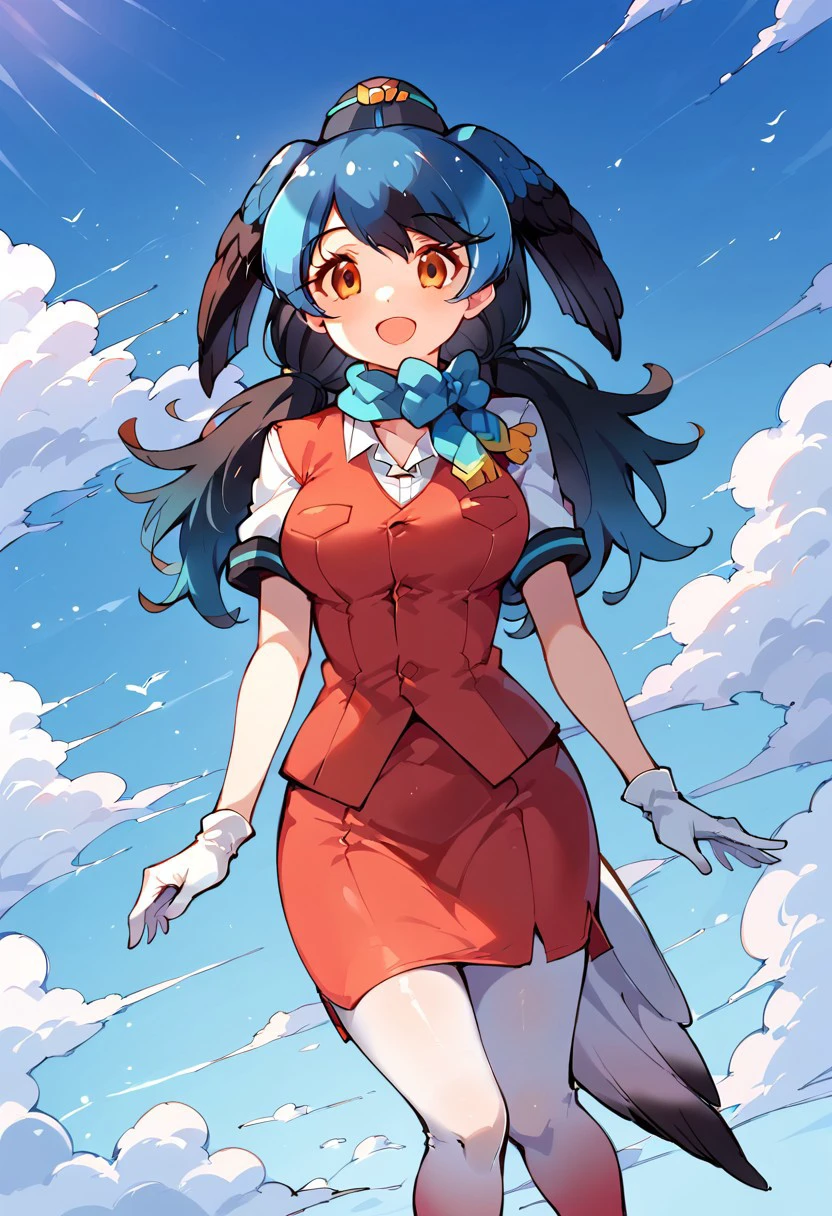 1girl, ((solo)), best quality, ultra-detailed, extremely detailed, perfect anatomy, masterpiece, score_9, score_8_up, score_7_up, Expressiveh, passenger pigeon (kemono friends), multicolored hair, blue hair, black hair, head wings, bird tail, bangs, orange eyes, long hair, twintails, red vest, white shirt, short sleeves, white gloves, red skirt, gradient skirt, hat, garrison cap, gradient legwear, pantyhose, scarf, pencil skirt, blue bowtie, black heels, standing, smiling, happy, staring at viewer, blue skies background, clouds, open mouth smile, dutch angle, closeup,