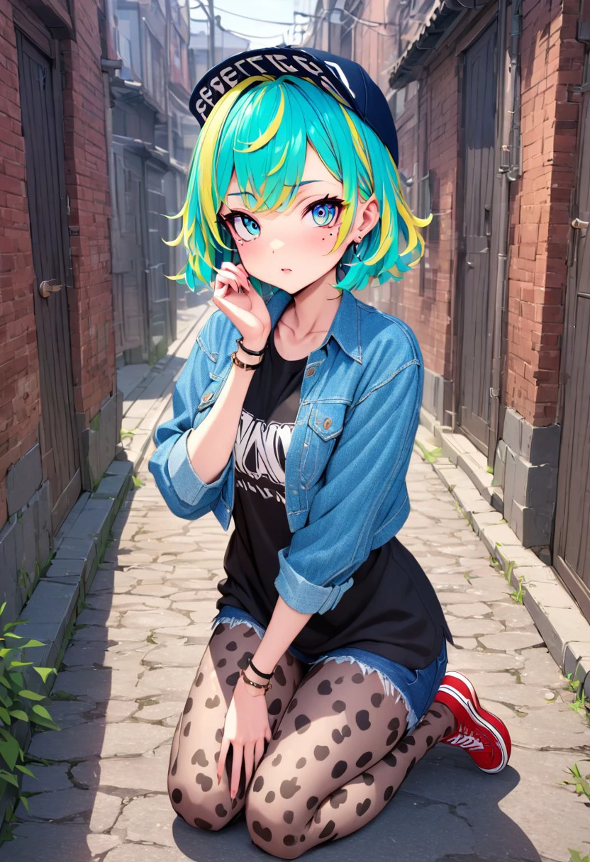 absurdres, masterpiece, perfecteyes,
1girl, bracelet, jewelry, mole under eye, plaid, (multicolored hair1,4),  (cyan hair1,4), yellow hair, short height, denim jacket, short torso, print legwear, thin, red shoes,
backstreet, cowboy shot, seiza,