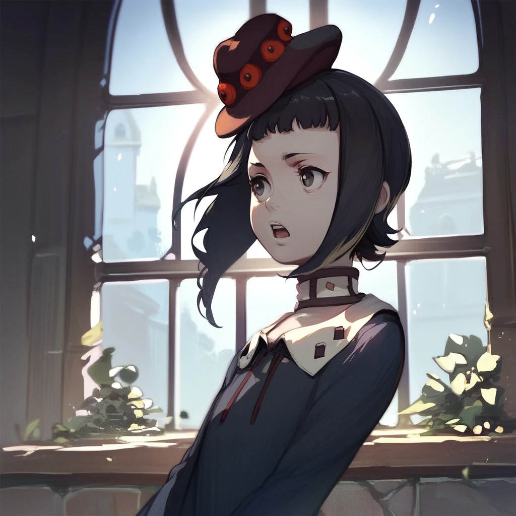 score_9, score_8_up, score_7_up, rita, shingeki no bahamut genesis, 1girl, solo, short hair, window, black hair, choker, dress, hat, upper body, black eyes, open mouth