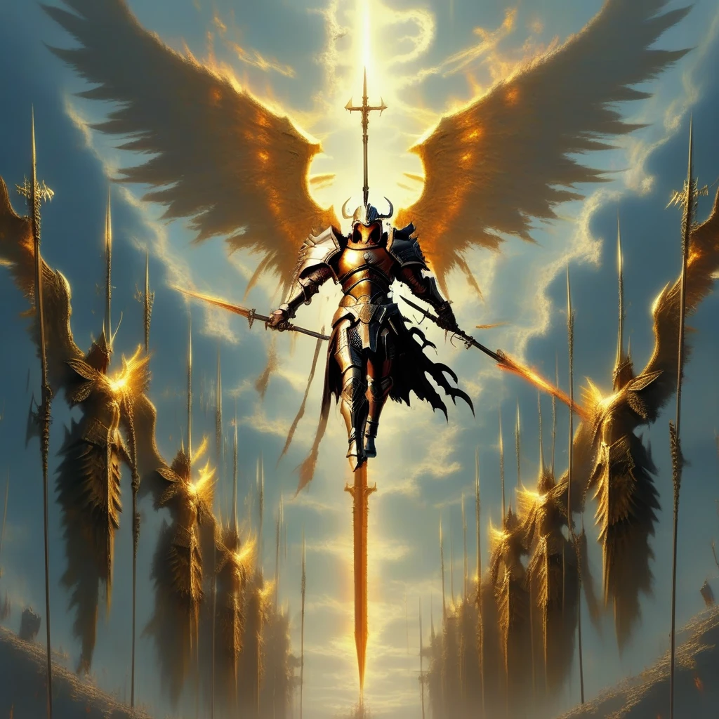 the character is a gigantic armored angel holding fire swords descending from the sky in front of an gold armored angel army holding fire spears and golden shields, landscape format, infernal art in good quality. concept art, Michelangelo and Dark Fantasy style, absurdres, high res, ultrasharp, 8K, masterpiece, (Masterpiece: 1.4), (Best quality: 1.4), cinematic lighting