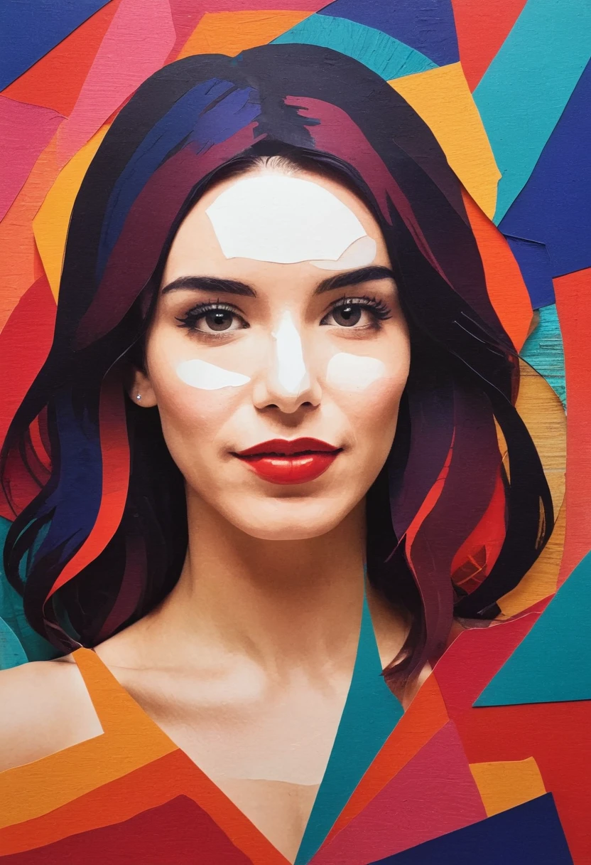 Papercut collage of madison,woman,<lora:Madison Grace Reed SDXL:0.8>, . Mixed media, textured paper, overlapping, asymmetrical, abstract, vibrant