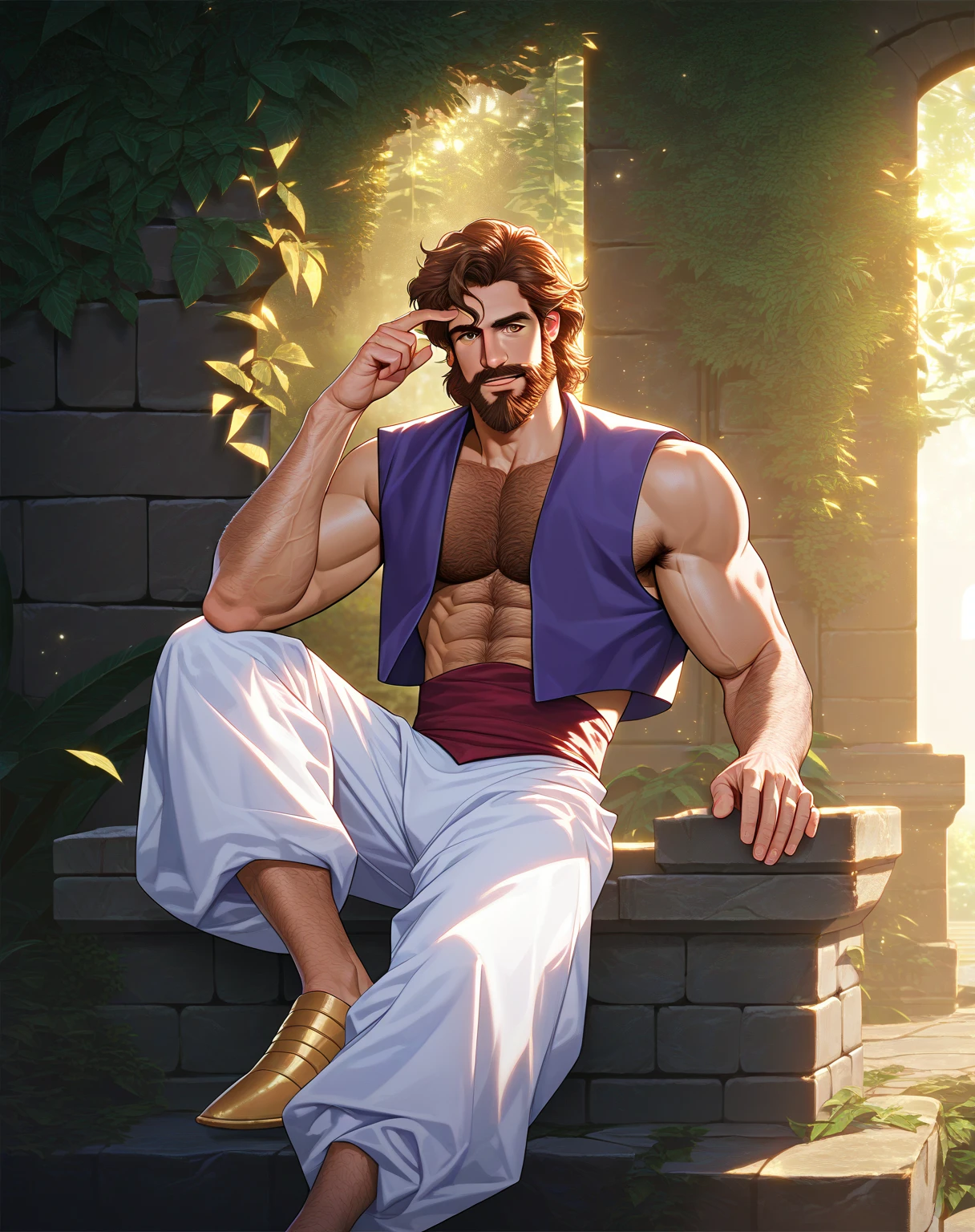 score_9, score_8_up, score_7_up, score_6_up, aladdin, solo, red fez, violet vest, daylight, hairy, beard, sitting, stone walls, daylight, messy room 
best quality, best aesthetic, sfw, year 2023, high details, realistic, blake alexander<lora:EMS-461843-EMS:0.800000>