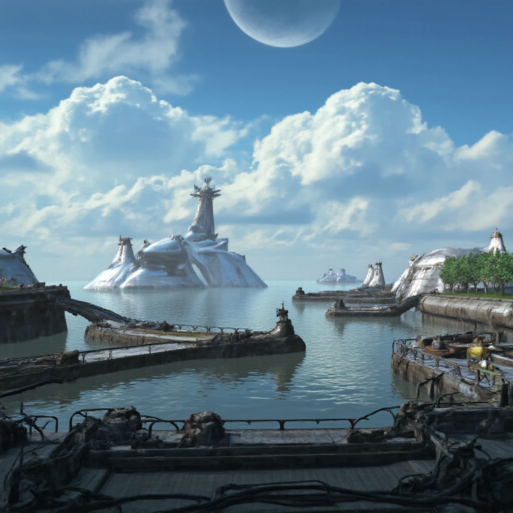 ff8bg artstyle of a space port under a sky full of clouds and the moon during a sumer day. Desolate space ships parked in the distance. A main huge space ship in the middle. Some trees on the side of the port, next to the ocean and a faraway city. 3D CG render in 4K, with highest settings of Unreal Engine 5.