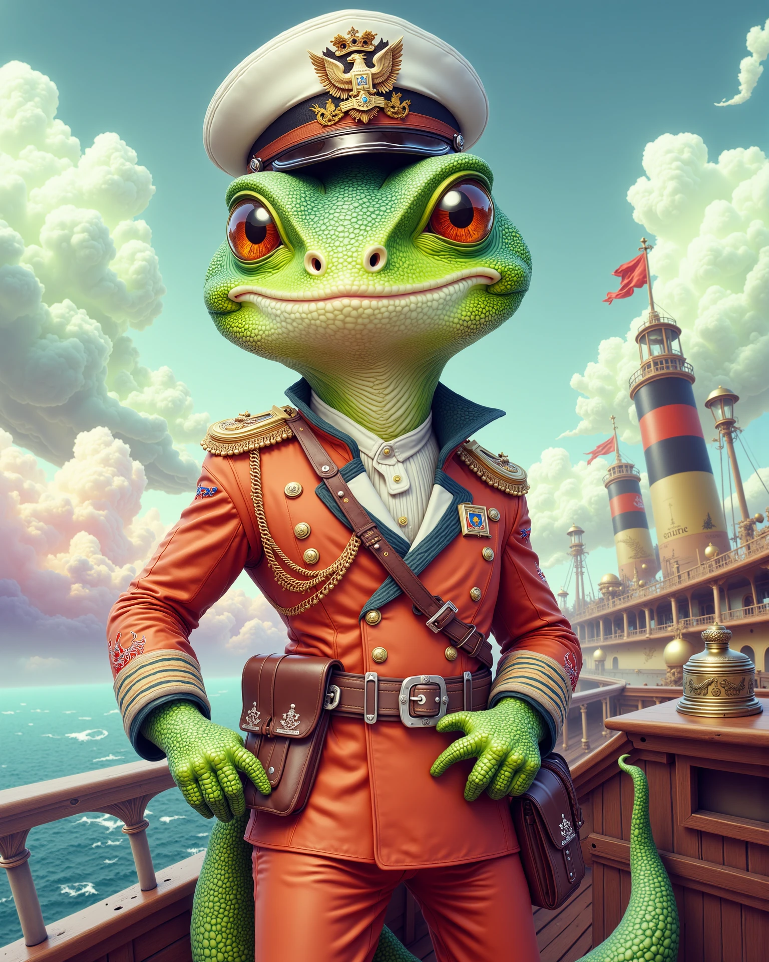 a lizard aviator wearing captain's regalia uniform on a steamship, rubberhose animation style, pastel colors