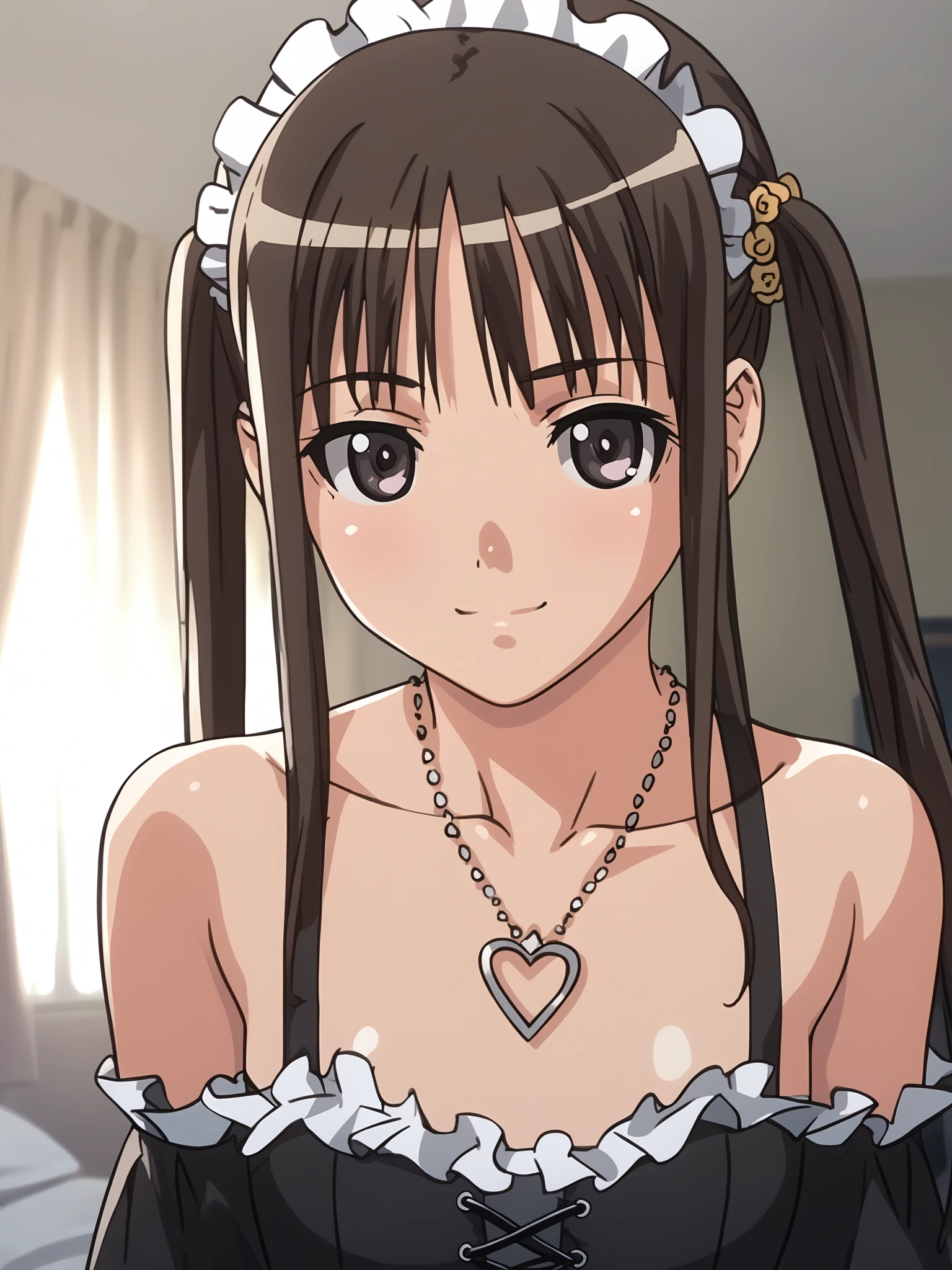 <lora:happy_tentacle-mio-v0.4-000025:0.9>, ht_mio, black dress, frilled dress, cross-laced dress, black thighhighs, heart necklace, bedroom , 1girl, solo, upper body , , emotionless , smile , looking at viewer , , score_9, score_8_up, score_7_up, score_6_up, score_5_up, score_4_up