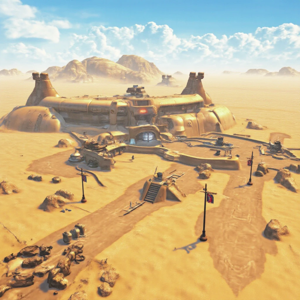 ff8bg artstyle of some futuristic houses in the middle of the desert. Desolate town, during a hot summer day in the middle of the sand wilderness. 3D CG render in 4K, with highest settings of Unreal Engine 5.