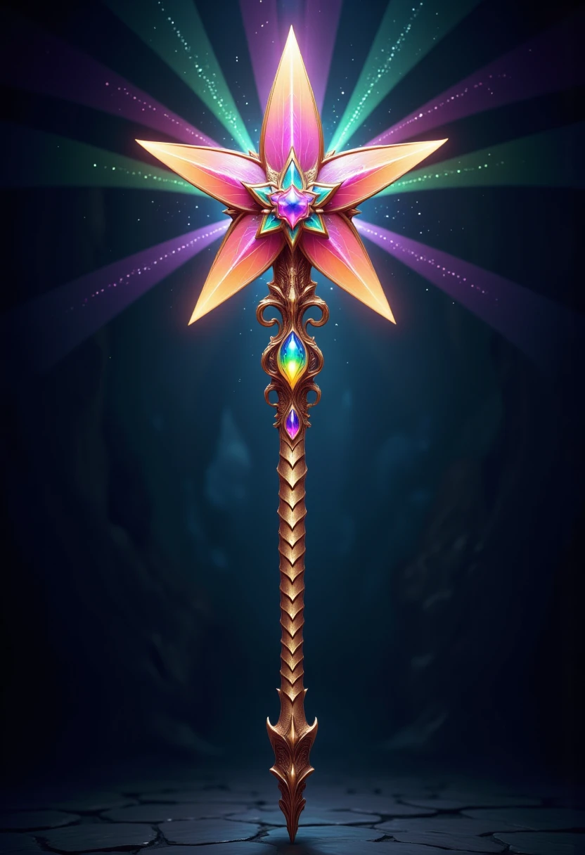 a star wand, game item, scaled gilded handle, jets of multicolor lights emit from the top with a glowing rainbow jeweled handle