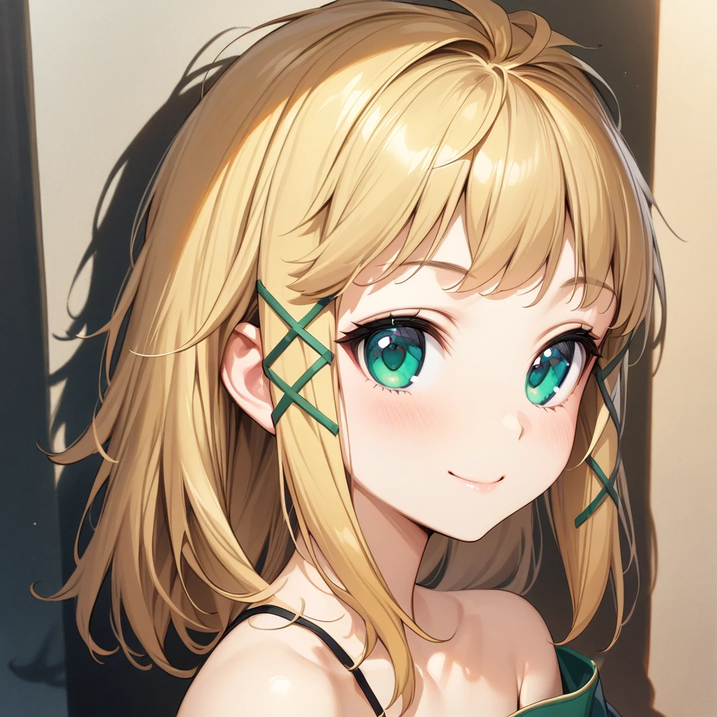 tina_sprout, blonde hair, messy hair, green eyes, criss cross hair ornament, flat chested, green dress, off shoulder, close up, portrait, smile,  <lora:XL-TinaSprout:1>, (masterpiece),(best quality),(ultra-detailed),(best illustration),(best shadow),(absurdres),(detailed background),(very aesthetic),