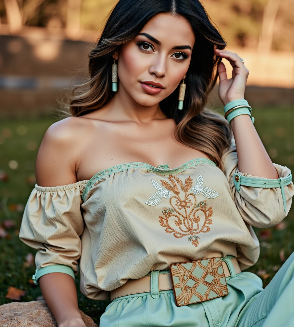 Eva Longoria dressed in traditional Palestinian clothing and smiling