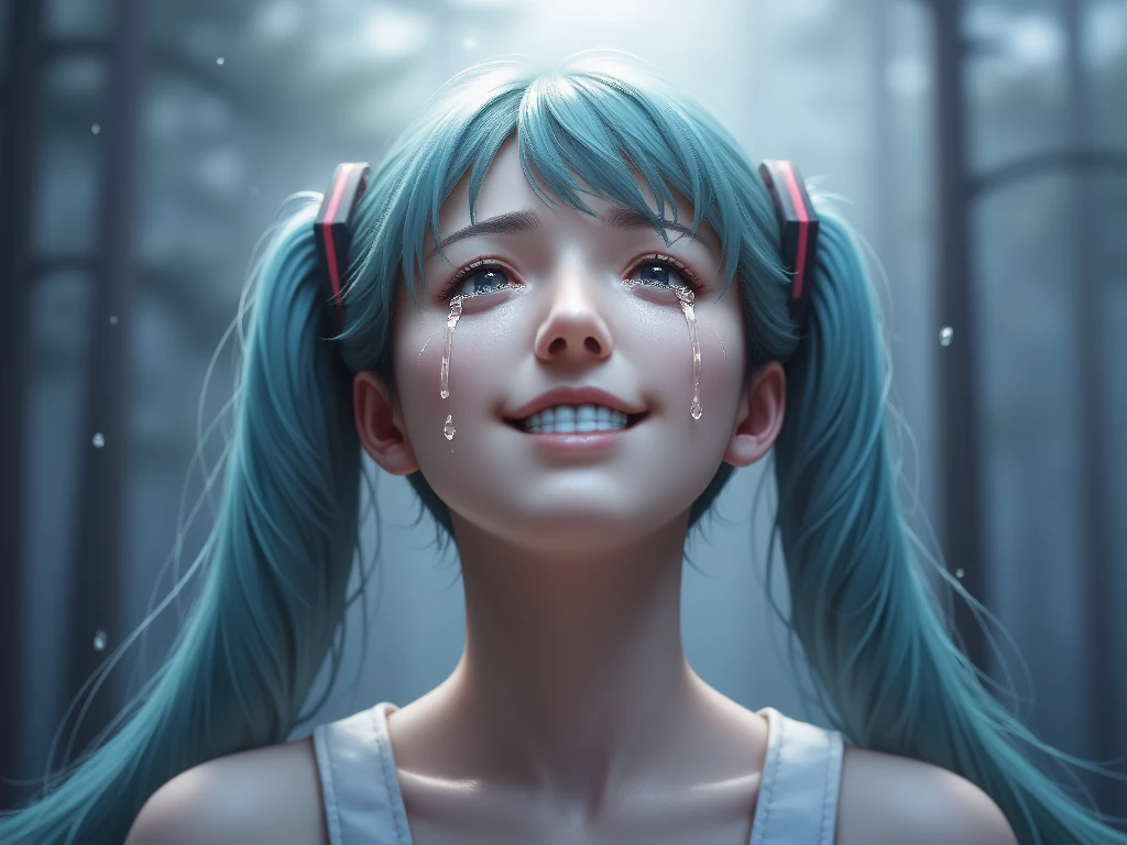 masterpiece, Hatsune Miku is crying with tears in eyes, it's raining outside, upperbody, looking up, grin, smiling, <lora:crying_with_tears_flux.safetensors:1.0>, 