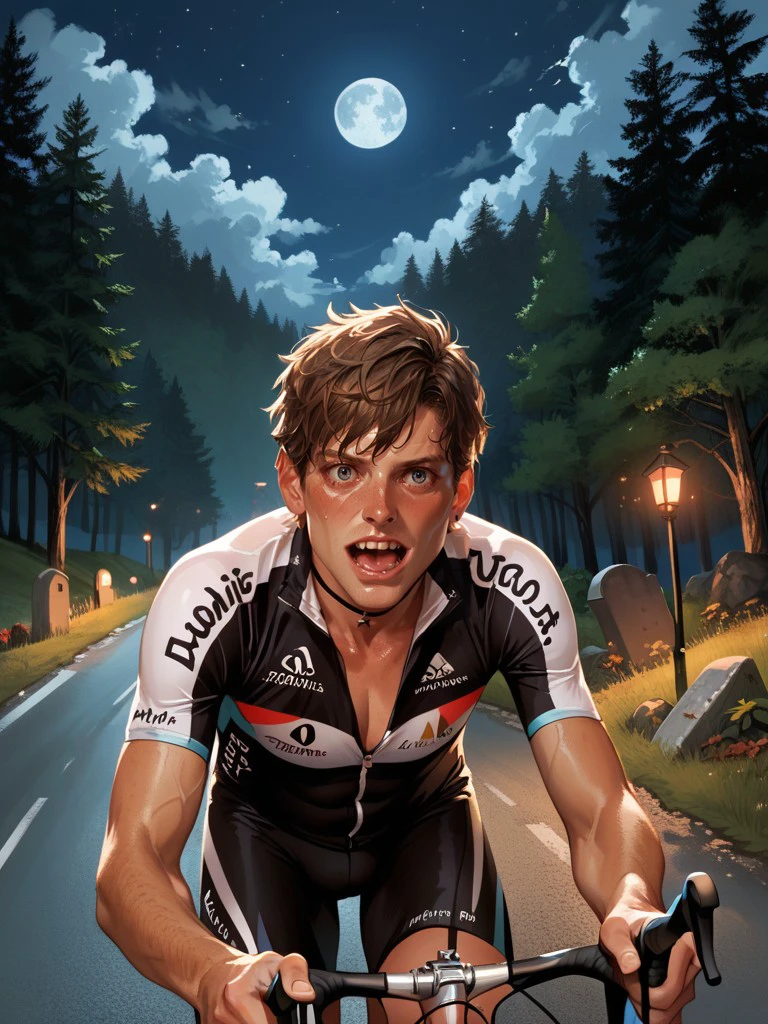 score_9,score_8_up,score_7_up,score_6_up,score_5_up,score_4_up,jan_ullrich, cycling clothes,1boy, upper body, cycling , from front, moutains, forest , road, night, stars, moon, creepy, scary, graveyard, horror, t-mobile, zombies<lora:jan_ullrich_xl:1>