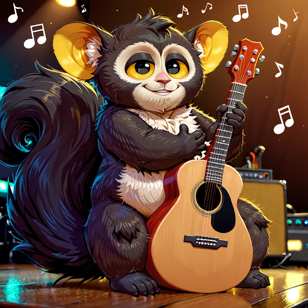 Maurice, solo, male, species:lemur, slightly chubby, nude, playing guitar, big ears, black tail, round body, big head, small legs, guitar on lap, detailed fur, yellow sclara, big tail, bushy tail. black pupils, crotch tuft, smiling, music notes,