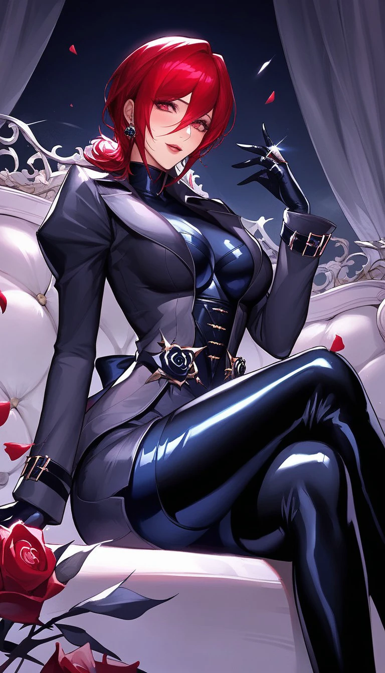 (score_9, score_8_up, score_7_up), (source_anime), (masterpiece), best quality, beautiful red eyes, mature woman, (mature face), perfect face, MacchiatoPTN, Red eyes, Red hair, Short hair, bangs, hair between eyes, Black jacket, Dark navy latex top, High collar, Skirt, Dark navy stockings, Thigh highs, Latex stockings, Black gloves, Rose ornament, Ring, Earrings, sitting on a couch, legs crossed, in a warmly lit living room