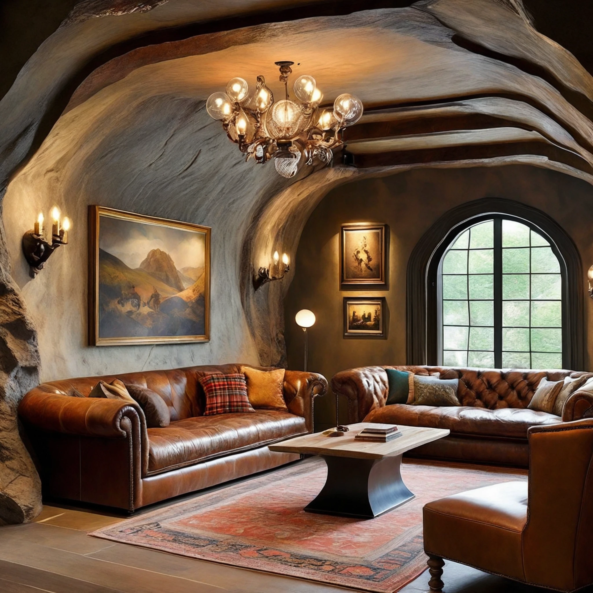 FRESHIDEAS Cave home,Design an English-style cave interior space. The cave walls are **** of natural stone with deep brown wooden wainscoting,creating a warm and rustic atmosphere. The room features deep-colored leather sofas,a large wooden dining table in the center with high-back chairs,and antique wooden cabinets. The floor is covered with dark wood or marble tiles. The space is lit by metal chandeliers and antique bronze wall sconces,casting a warm,inviting glow. The walls are adorned with classic hunting-themed paintings and an old-fashioned clock. A cozy reading nook is set near the cave's natural window,with a comfortable armchair and bookshelves. Add Persian rugs and vintage textiles with plaid or floral patterns to enhance the traditional English aesthetic. The overall mood is cozy,elegant,and slightly mysterious,blending the cave's natural features with traditional English design elements.,