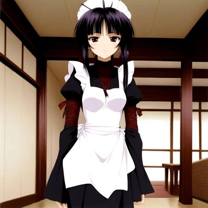 cowboy shot, solo, <lora:kanakoUrashima:0.9> kanako_urashima, black hair, brown eyes, long sleeves, bangs, sidelocks, hair antenna, ponytail, indoors, standing, maid outfit, maid, maid headdress, best quality, ultra high res