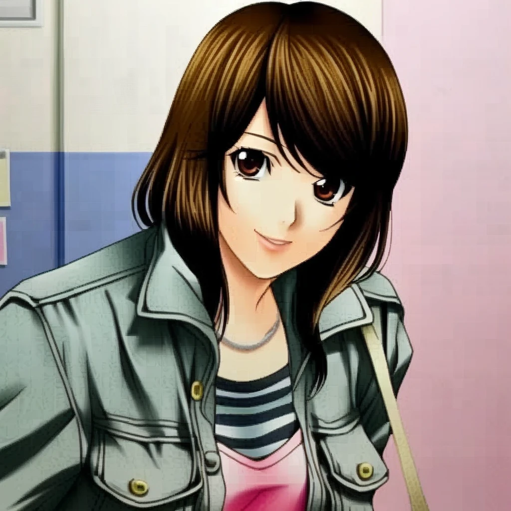 1girl, solo, bangs, brown hair, shirt, brown eyes, jewelry, jacket, necklace, swept bangs, denim, yagami sayu