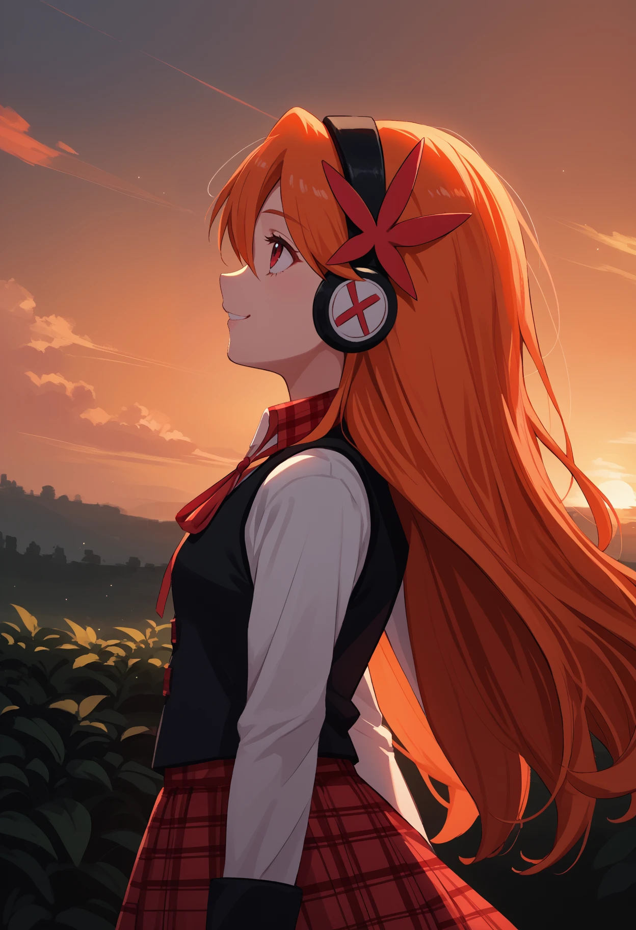 score_9, score_8_up, score_7_up, source_anime, from side, profile, solo, 1girl, agkchelsea, smile, looking up, standing, orange hair, hair ornament, headphones, black vest, white shirt, neck ribbon, red ribbon, long sleeves, red skirt, plaid skirt, sunset, outdoors
<segment:yolo-face_yolov8m.pt,0.35,0.5//cid=1>