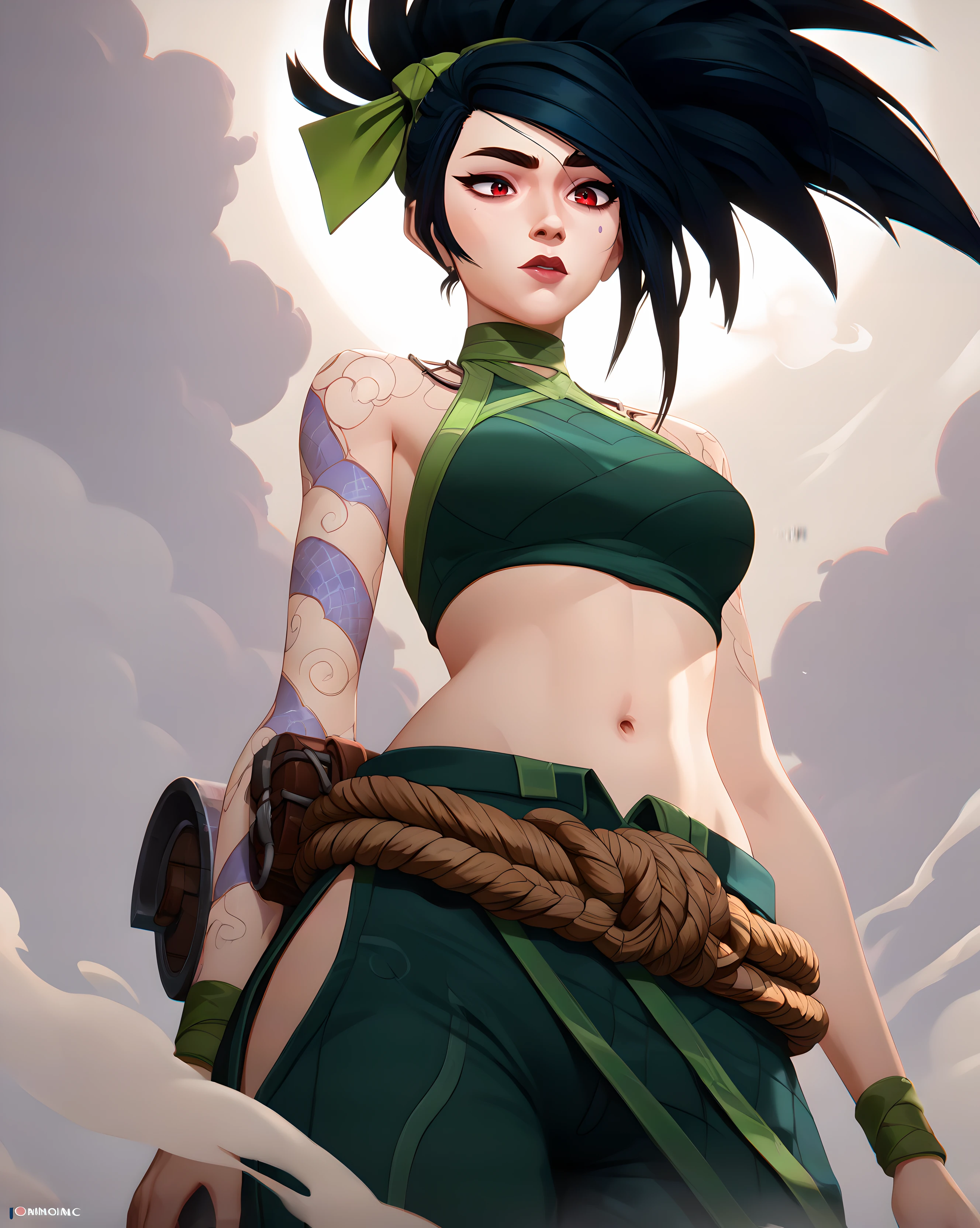 4kali, akali, 1girl, long hair, black hair, ponytail, red eyes, ribbon, hair ribbon, green ribbon, tattoo, arm tattoo, shoulder tattoo, bare shoulders, crop top, midriff, navel, sleeveless, green shirt, rope, pants, green pants, score_9, score_8, score_7, source_anime, zPDXL, <lora:arcan3styl3v1PonySDXL:0.35>, arcan3styl3v1, <lora:4rc4n3XLP:0.51>, 4rc4n3, dynamic angle, ( from below), medieval japan background, <lora:Akali_Default_Pony_v1:0.85>, smoke, dramatic light