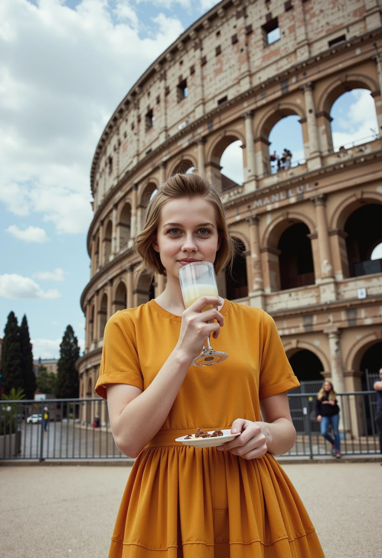 fetish fashion a woman angourie r1ce making lemonade in front of the colosseum, newspaper collage. dramatic lighting, provocative, edgy, high detail, realistic  <lora:angourie_rice_flux_lora_v1:1>