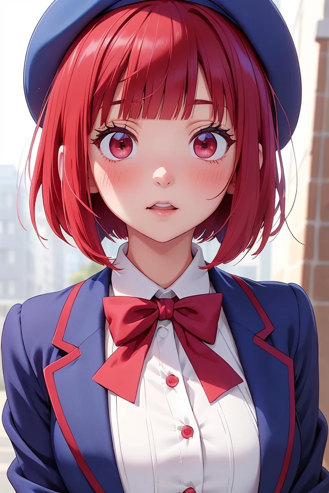 (P_Kana_Arima), 1girl, solo, red eyes, red hair, looking at viewer, short hair, blush, bangs, bob cut, 
blue open jacket, blue beret hat, white dress, red bow tie, white shirt,