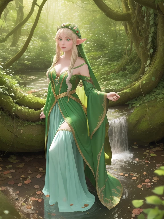 A serene elf maiden in an ancient woodland, dressed in a gown made of leaves and flowers. Her hair is long and flowing, intertwined with vines. She stands beside a crystal-clear stream, with dappled sunlight filtering through the trees.