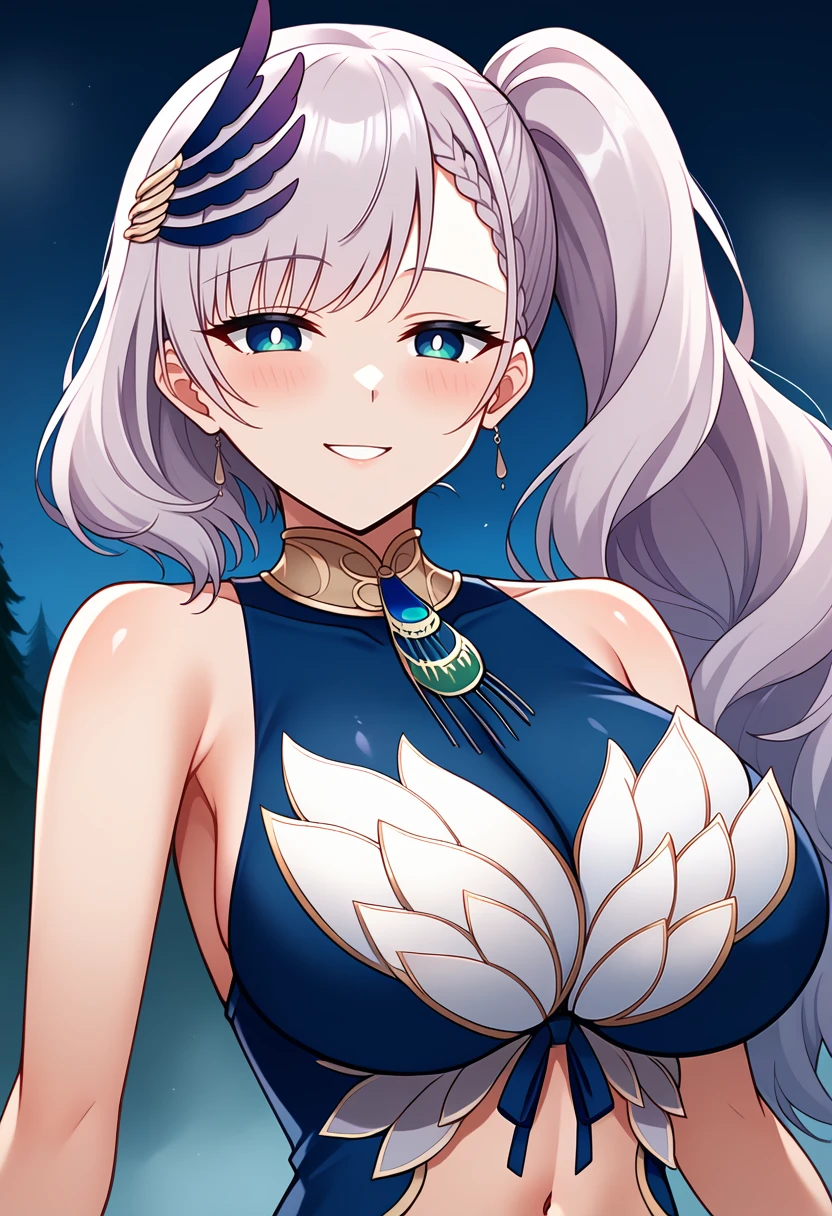 1girl, pavolia reine, pavolia reine, pavolia reine \(1st costume\), hololive indonesia, 
long hair, silver hair, blue eyes, wavy hair, side ponytail, blue dress, large breasts, seductive smile, navel, 
night, fog, forest, upper body, 
score_9, score_8_up, score_7_up,
<lora:reine-pony:1>