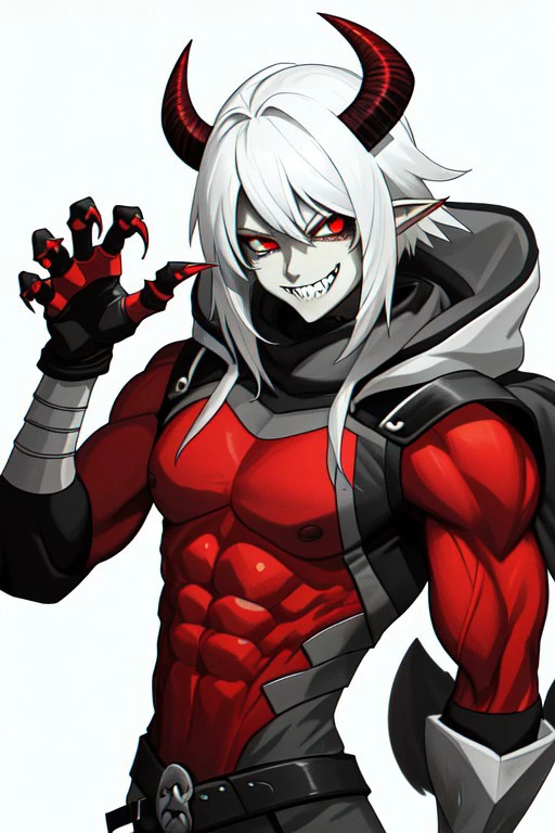 photo background, solo, fingerless gloves, sharp teeth, grin, bodysuit, horns, muscular, gloves, white gloves, bone_claws, claws,