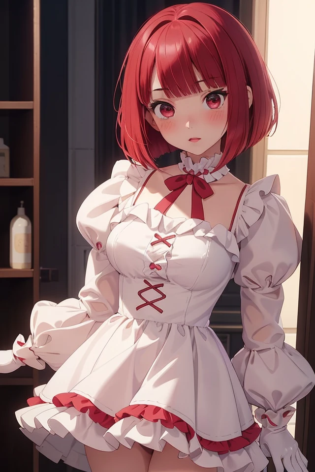 (P_Kana_Arima), 1girl, solo, red eyes, red hair, looking at viewer, short hair, blush, bangs, bob cut, 
(White frilled dress, frilled sleeves, long sleeves, white gloves, frills),