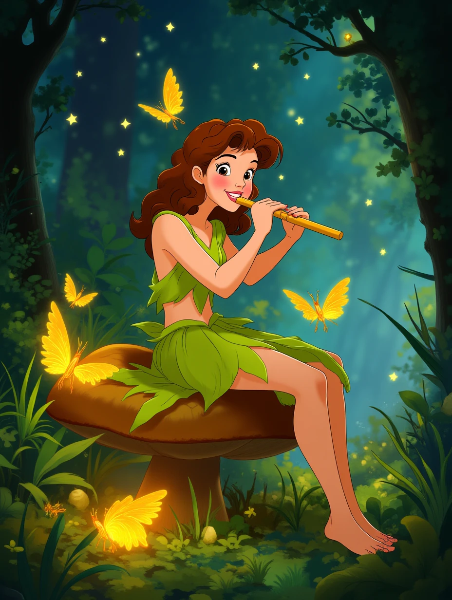 A youthful faun with curly brown hair and soft, gentle features, wearing a simple tunic of leaves, playing a flute while sitting on a large mushroom, surrounded by glowing forest sprites and enchanted plants that seem to sway to the music, under a sky filled with twinkling stars