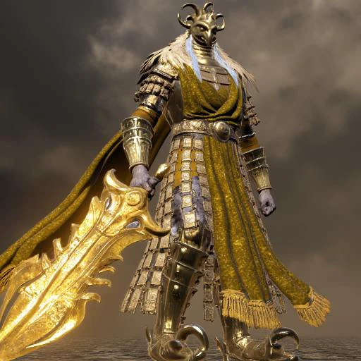 A powerful, menacing knight clad in gold, armor stands confidently, surrounded by an ethereal golden glow. His helmet obscures his face completely, He holds a massive, radiant sword that emits an intense gold light, matching the electrical energy crackling around him. The scene is set in a mysterious, misty environment, with dark clouds swirling ominously in the background, giving the image a dramatic and otherworldly atmosphere. Ultra-realistic, hyper-detailed, fantasy, cinematic lighting, perfect composition, high contrast.  A masterpiece of craftsmanship, this armor is forged from gleaming, otherworldly metals that shimmer in gold under the light. The plates are intricately engraved with ancient, mystic runes that pulse with a faint, ethereal glow, The armor's design is both elegant and formidable, with interlocking plates that provide maximum protection without sacrificing mobility. Ornate filigree and symbols of long-lost civilizations are embedded into the pauldrons, chest plate, and gauntlets, showcasing the artisan's dedication to detail.  Diablo style. gold armor.